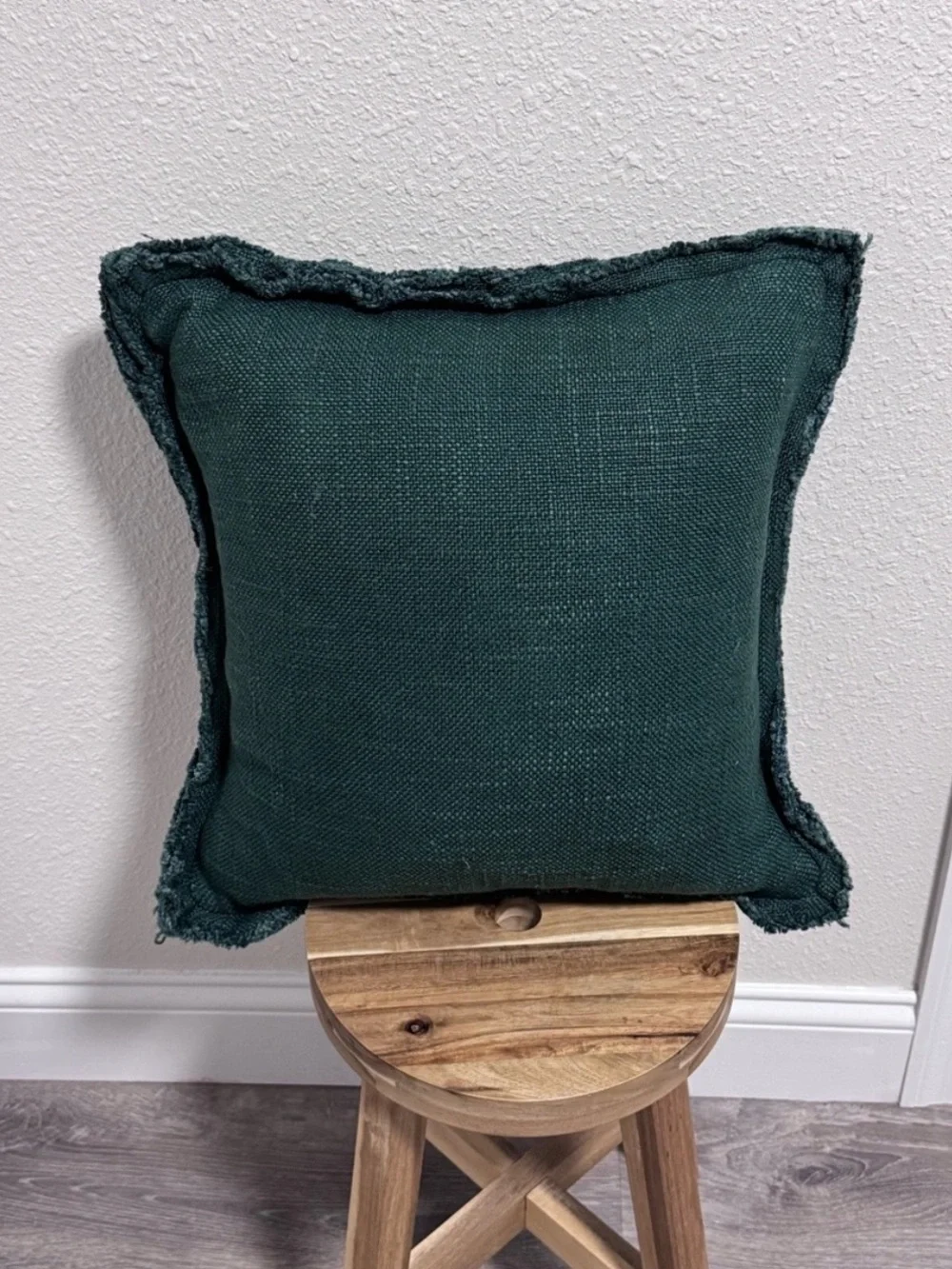 Anthropologie Luxe Emerald Green Linen Blend Pillow Cover 18x18 Fringed Edge